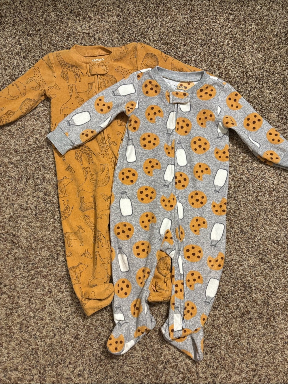 Carter's Gray Milk & Cookie and Mustard Giraffe Footed One-Pieces